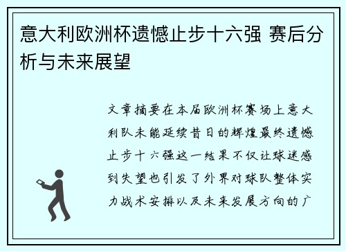 意大利欧洲杯遗憾止步十六强 赛后分析与未来展望